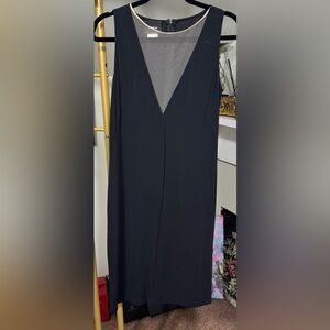 NWOT Vintage Akris Black Midi Tan Mesh Deep V Neck Shift Dress Classic Cut